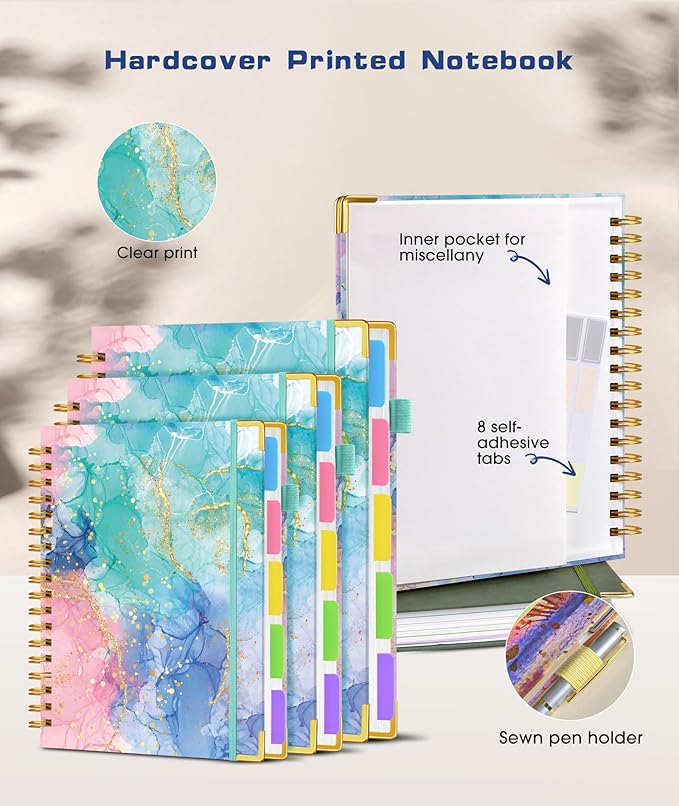 Hardcover Spiral Notebook journal with Removable Dividers Tabs, 300 Pages 5 Subject Notebook College Ruled, 100GMS Notebooks for Work School Note taking,Lined Journal for Women,A5 Pink Blue Marble