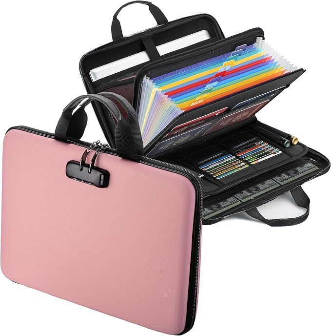 Fireproof Document Box with Lock, Hard-Shell Case Fireproof File Organizer with 13 Pocket Accordion File Folder, Portable Home Office Travel Safe Storage for Important Documents Laptop