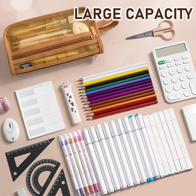 Four Candies Grid Mesh Pencil Case with Handle and Zipper, Clear Double-layer Pencil Pouch Marker Pouch, Travel Makeup Bag, Cute Transparent Stationary Organizer Pen Bag for Adult Office College