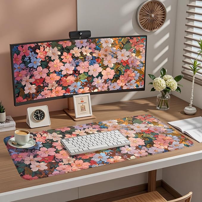 Floral Desk Mat for Women, Pastel Aesthetic Large Mouse Pad, XXL Desk Pad, Non-Slip Gaming Pad for Study Office Cubicle Decor 31.5x15.7in