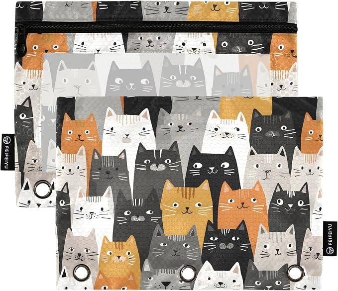 ALAZA Pencil Pouch for 3 Ring Binder, Cartoon Cats Cute Binder Pencil Pouches with Clear Window Zipper Pencil Case Cosmetic Bags for Office College Supplies, 2PCS