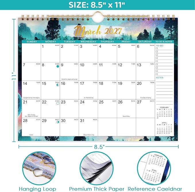 2027 Calendar - 2027 Wall Calendar, JAN 2027 - DEC 2027, 8.5" x 11" | 2027 Wall Calendar 12 Month with Hanging Hook, To-do & Notes, Perfect for Classroom, Home and Office Organization