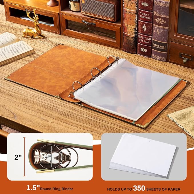 Ovesmusl Sunflower PU Leather 3 Ring Binder Fits 8.5"x11" Letter Size Paper, 1.5 Inch Round Ring Binder Holds 350 Sheets, Notepad Paper Cover Loose Leaf Organizer, Green