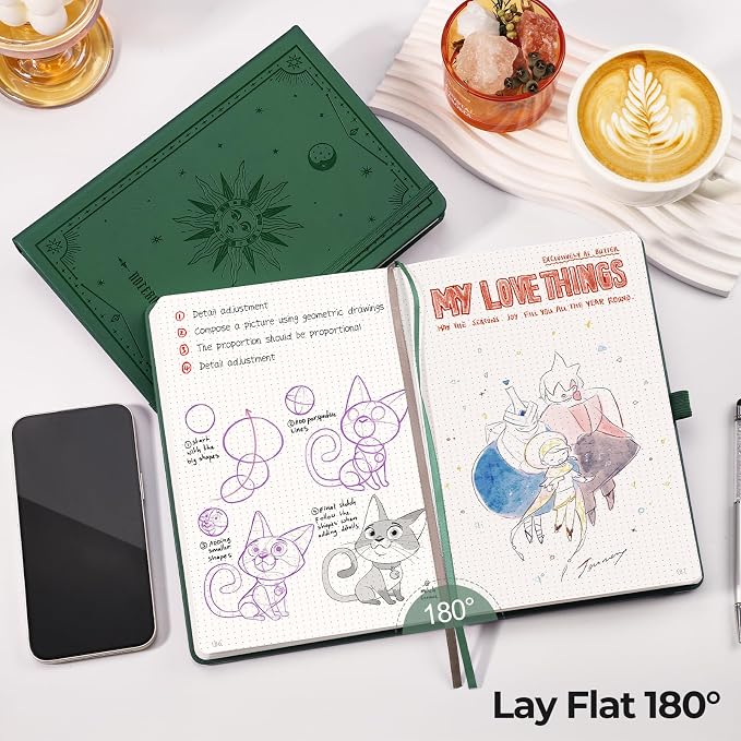 EMSHOI Dotted Journal Notebook, 320 Pages, A5 Size (5.7'' x 8.3'') | Leather Hardcover, 100 GSM Thick Paper, for Journaling, Planning, Tracking & Sketching, Sun Debossed (Dark Green)