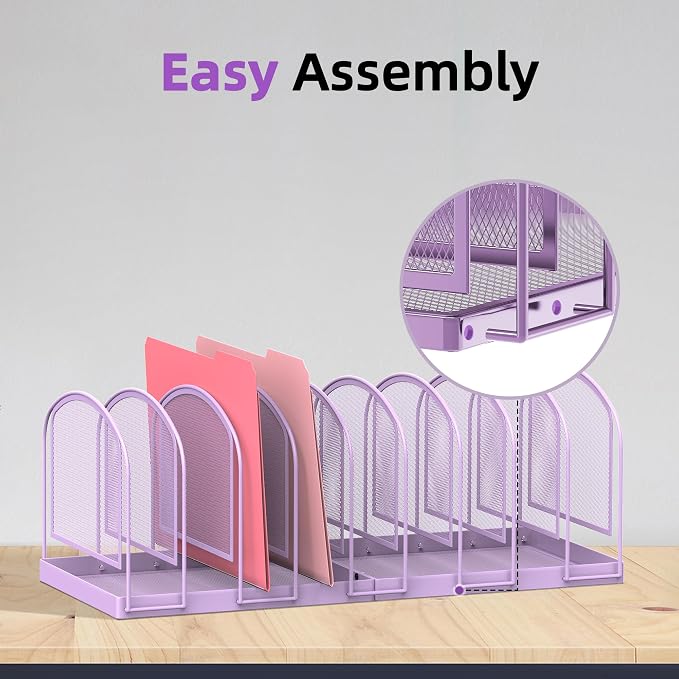 SUPEASY 9-Section File Organizer for Desk, Metal File Folder Holder, Purple | 9 Vertical Compartments with Sturdy Metal Base for Office Documents Books Magazines and Laptop