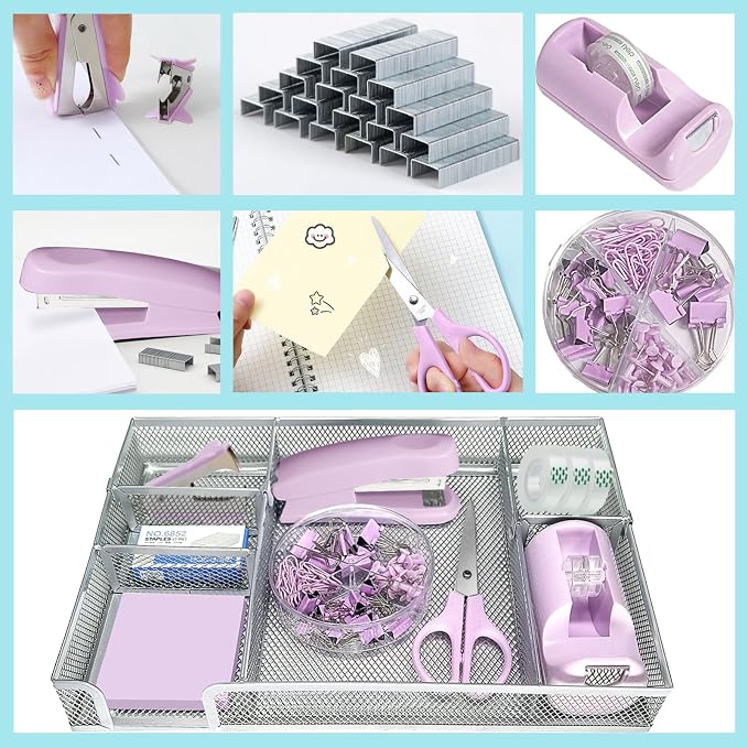 Purple Office Desk Accessories,Purple Office Supplies Set,Stapler and Tape Dispenser Set,Tape,Staple Remover, Staples,Paper Clips,Scissor,Sticky Note and Desk Drawer Organizer