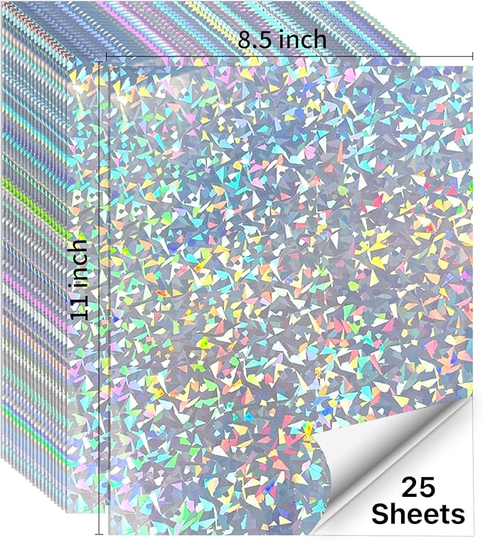 STARLIBOO 25 Sheets Holographic Sticker Paper, Diamond Pattern Printable Vinyl for Inkjet & Laser Printer, Broken Glass Effect, Waterproof, Dries Quickly (8.5" x 11")