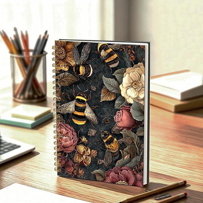 Moody Vintage Floral Bumblebee Journal Notebook 5.5x8.3, William Morris Inspired Bee Journal, Bee Gifts for Women, Dark Cottagecore Botanical Notebooks for Work