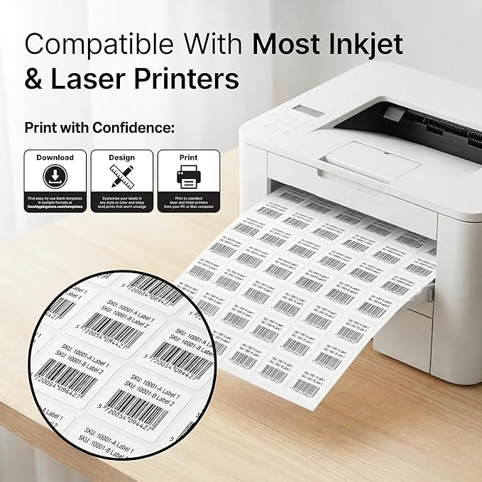1" X 1" Matte White Printable Labels (250 Sheets, 15750 Stickers) Custom Stickers, Logo and Barcode Stickers for Laser & Inkjet Printers - Spartan Industrial Template S001