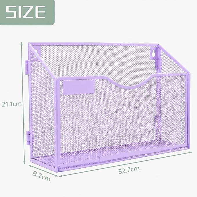 1 Pocket Mesh Wall File Holder Organizer Office Hanging File Folder Magazine Rack, Nametag Label Hooks Set Included (Purple)