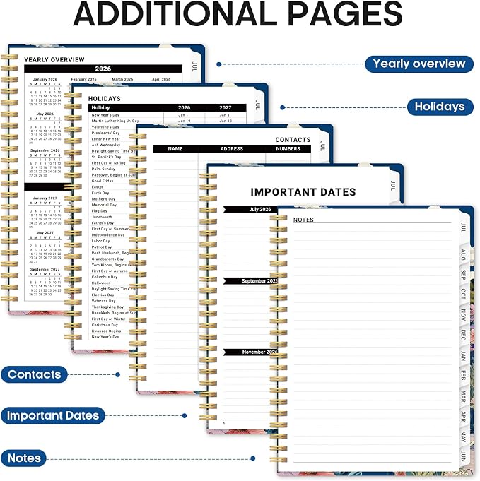 Planner 2026–2027, Academic Monthly Weekly Spiral Calendar, July 2026 – June 2027, Hardcover Agenda Notebook with Tabs, 6.3" x 8.5", Perfect for Students, Teachers, School & Daily Planning - Pelagic Petalia