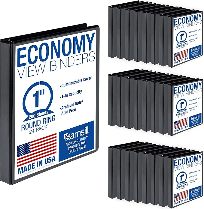Samsill 1 Inch 3 Ring Binders, Economy Round Ring, Clear View Cover, 200 Sheet Capacity - for School, Home, Office - Black, 24 Pack