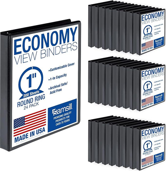 Samsill 1 Inch 3 Ring Binders, Economy Round Ring, Clear View Cover, 200 Sheet Capacity - for School, Home, Office - Black, 24 Pack