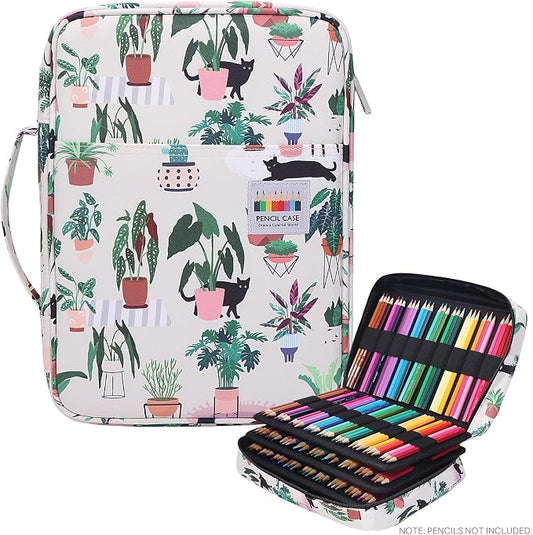 JAKAGO 220 Slots Colored Pencil Case Large Capacity Pen Holder for Artist Painter Zipper Organizer Bag for Marker Highlighter Storage Case for Office Sketch Travel Supplies (Green Plant Cat)