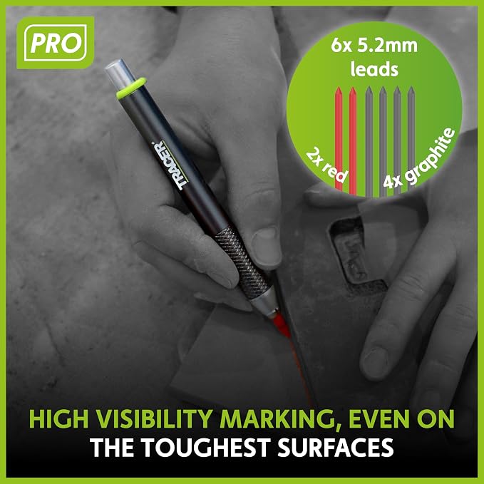 Tracer Pro Series Tough Metal Construction Pencil with 6 x Replacement Lead Pack and Site Holsters. All-in-one Aluminium Construction Marking Kit