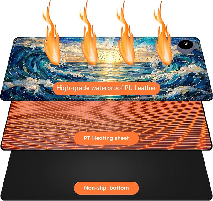Large Heated Mouse Pad–31.5" x 13" Desk Mat for Office | 3 Adjustable Heat Levels,Auto Shut-Off After 3 Hours for Safety,Keeps Hands Warm While Working，Art Wave