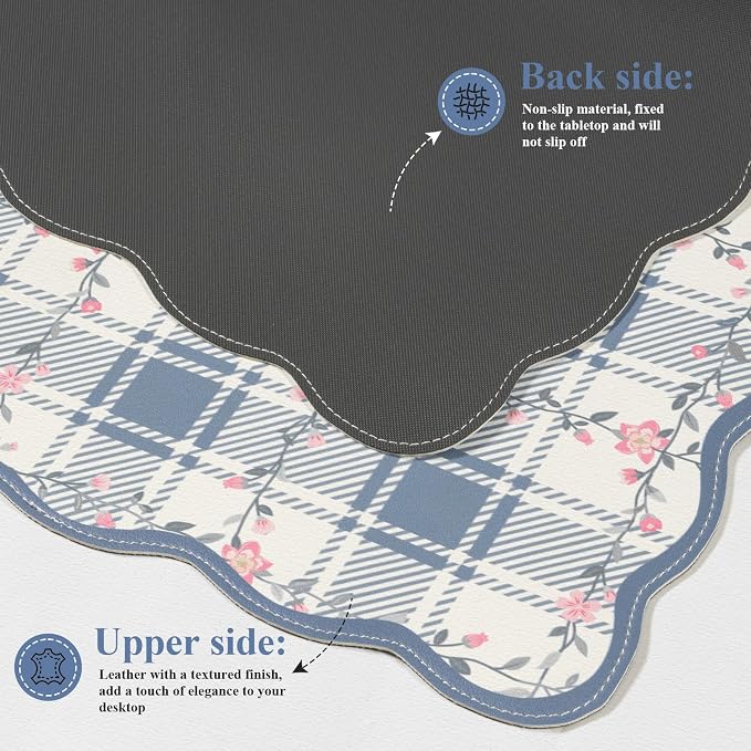 iCasso Leather Scalloped Checkered Mouse Pads for Desk, Aesthetic Floral Computer Mat, Back to School XXL Desk Mat for Keyboard and Mouse, Mousepad with Stitched Edges, Keyboard Pad(Light Blue)