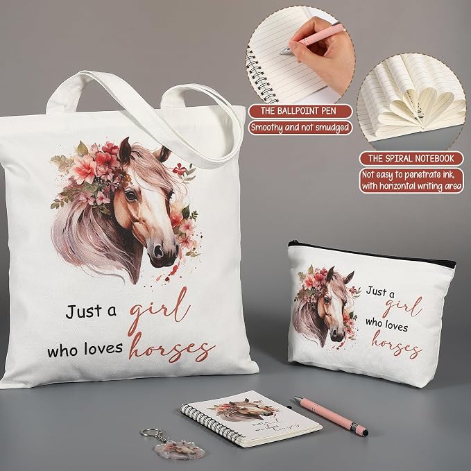 Kinlop 5 Pcs Horse Gifts for Women Include Just a Girl Who Loves Horses Tote Bag Canvas Cosmetic Bag Coil Notebook Keychain and Ballpoint Pen for Women Girls