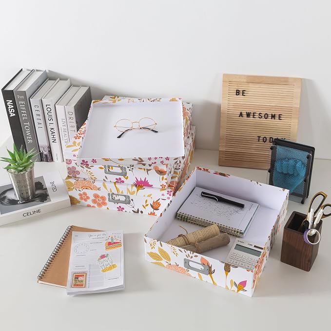 Soul & Lane - Keepsake Storage Boxes with Lids, Set of 3, Floral Collage | Decorative Cardboard Document Box Set for Photos, Scrapbooks and Memories, Large Pretty Letter Organizers for Organizing