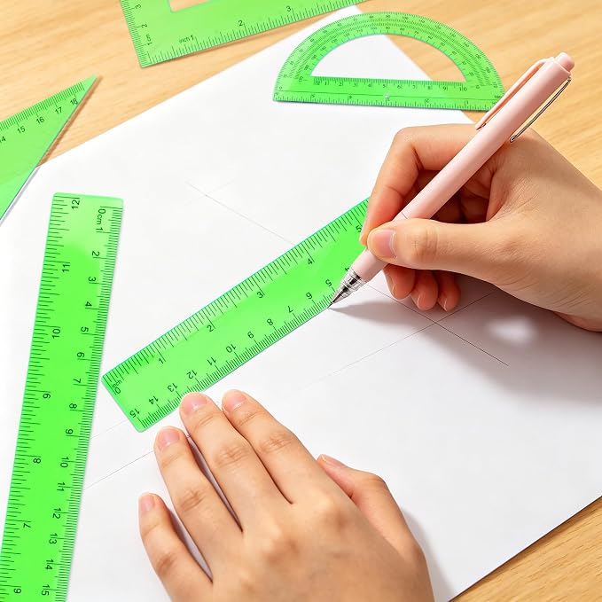 Plastic Clear Ruler Math Set - 6'' 12'' Transparent Straight Ruler, 4'' 6'' Protractor, 30/60 & 45/90 Triangle Ruler, Geometry Math Measuring Tool for School Home Office Drawing Teachers Kids Green