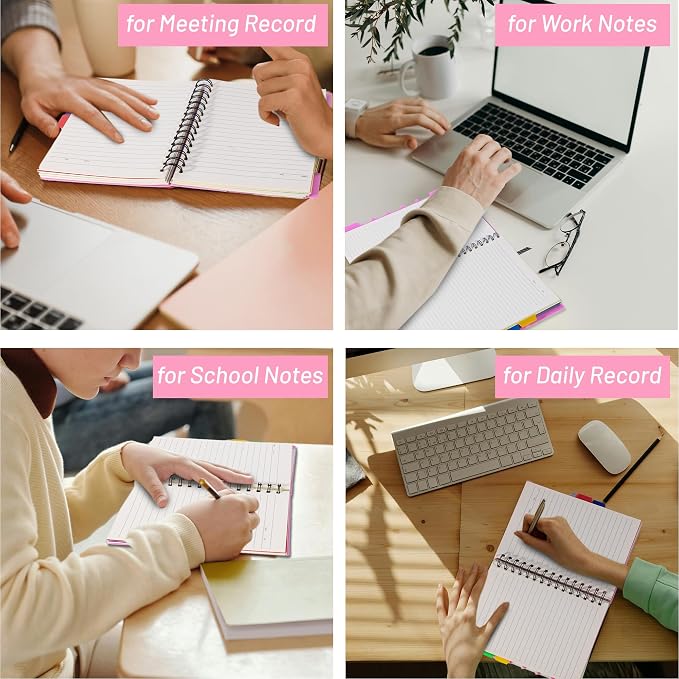 CAGIE 5 Subject Notebook, Small Spiral Notebook with Tabs, 6'' x 8'' | Removable Dividers, 180° lay-flat, Portable, College Ruled, 240 Pages Note book, for School Work, Pink