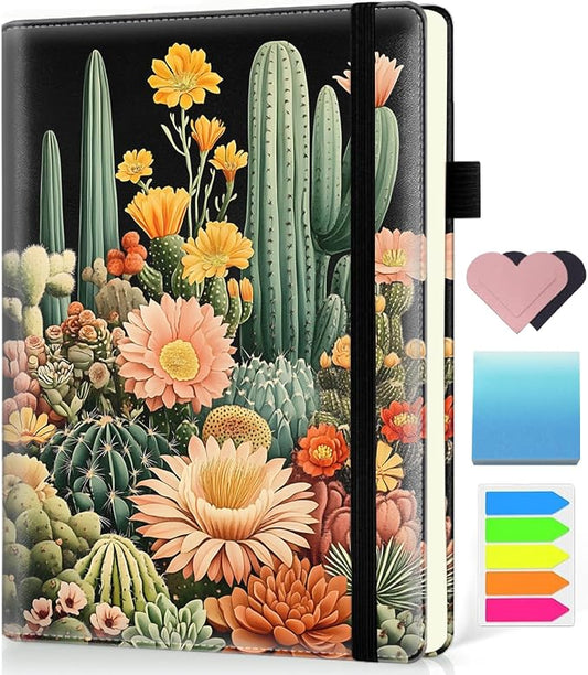 Hardcover Executive Notebooks, A5 PU Leather Lined Journal Notebook, 200 Pages Thick Paper Subject Notebooks for School,Work,Home Writing Business Notebook, Diary Book ，Green Plant Cactus