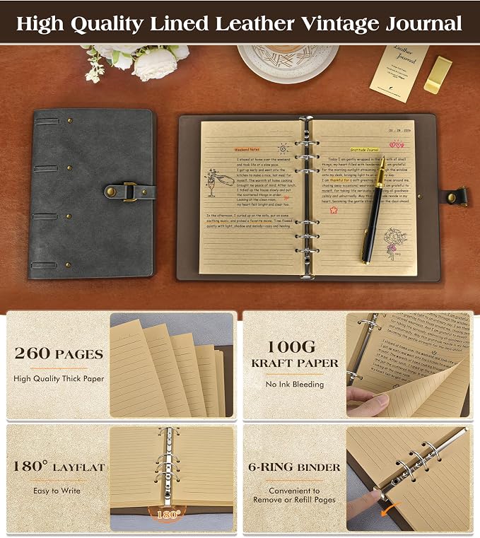 Leather Journal Notebook, A6 Size 5.3 x 7 inches 260 Pages Refillable Vintage Travel Notebook with Gift Box, 100 GSM Thick Lined Paper Journal Writing Diary Note Taking for Men and Women – Dusty Blue