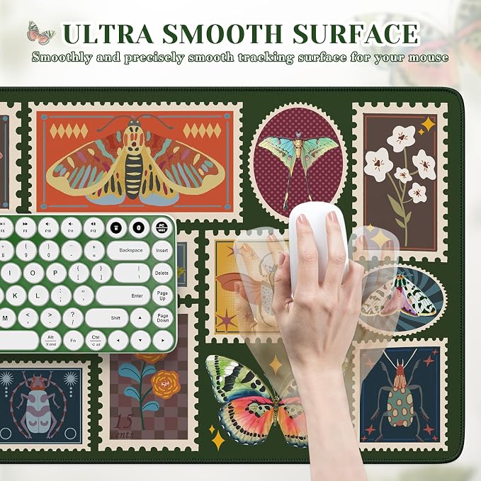 iCasso Vintage Desk Cover Mat, XXL Large Butterfly Mouse Pad,Desk Matt for Desktop Protector, Anti-Slip Mousepad with Stitched Edges for Laptop Computer Keyboard(Olive Green)