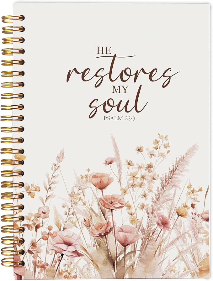 Christian Notebook for Women, Christian Gifts Journal, Prayer Journal for Women, Bible Journaling Notebook, PSALM 23:3 He Restores My Soul Floral Spiral Notebook 5.5x8.3