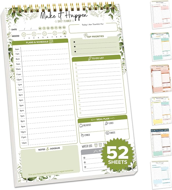 Decorably 52 Sheets Forest Green Undated Daily To Do list - 6.5x10in Spring-Bound, Easy Tear-Off, Planner Pad, Schedule, Priorities, Agenda, Water Intake, Meals, Notes and Doodles - Home, Office