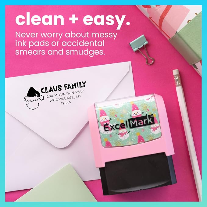 ExcelMark Address Stamp - Custom Return Address Stamp with Elegant Designs, Vibrant Colors & Patterns – Perfect for Mail, Invitations & Gifts (Holiday)