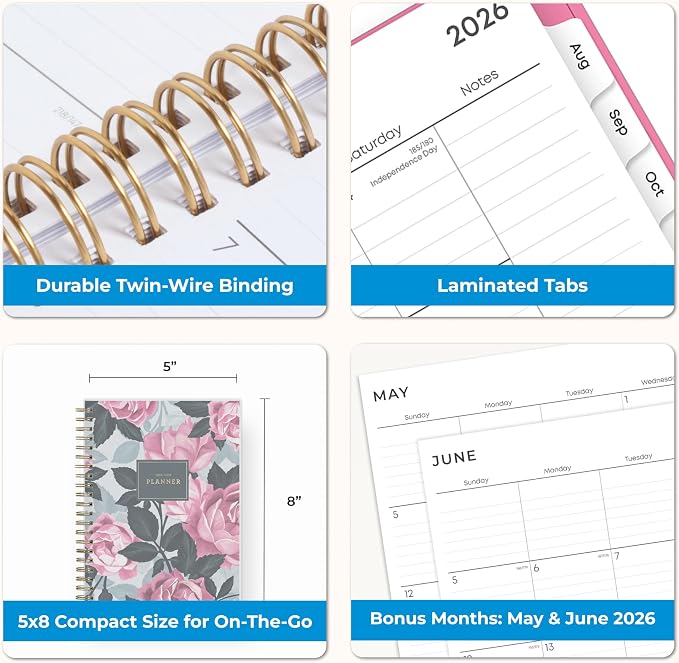 Blue Sky 2026-2027 Weekly & Monthly Academic Planner, 5"x8", Roosevelt Pink | July 2026 - June 2027, Flexible Cover, Wirebound, Laminated Tabs, Academic Year
