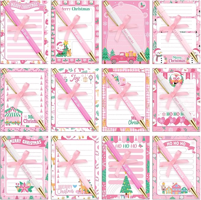 Eaasty 48 Pcs Pink Christmas Notepads and Ballpoint Pens Pink Christmas Gifts Bulk Cute Xmas Notebook Appreciation Gifts for Women Teachers Coworkers Employee Students Office