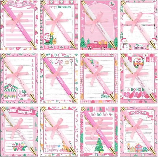 Eaasty 48 Pcs Pink Christmas Notepads and Ballpoint Pens Pink Christmas Gifts Bulk Cute Xmas Notebook Appreciation Gifts for Women Teachers Coworkers Employee Students Office