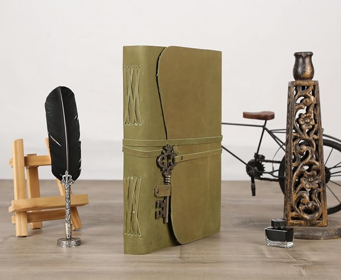 Leather Journal with Deckle Edge Paper 8x6 inch and Vintage Key | Handmade Writing Notebook Diary | Bound Daily Notepad for Men & Women Medium, Sketch/Writing pad for Artists