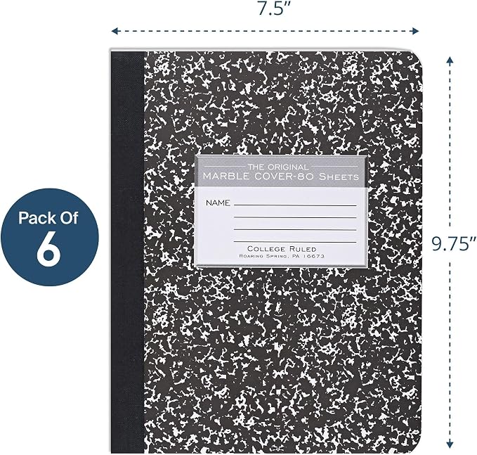 ROARING SPRING Hard Cover Composition Notebook, 6 Pack, Black Marble Comp Book, 9.75″ x 7.5″, College-Ruled with Margin, 80 Sheets (160 Pages), Made in USA