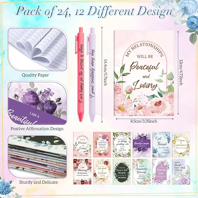Mooliwe 48 Pcs Positive Affirmation Gift Set Gratitude Notebooks with Pens Small Bags Motivational Encouragement Notepads Daily Affirmations Journal for Women Stress Relief Self Care (Watercolor)