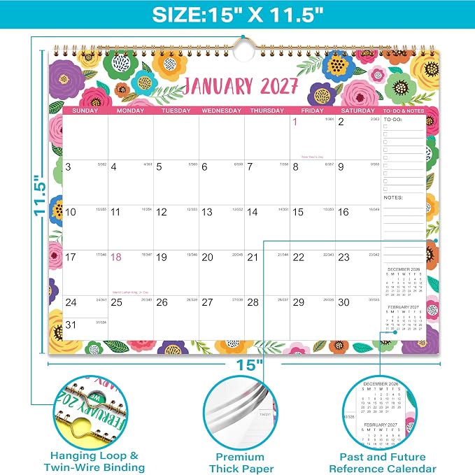 2026-2027 Wall Calendar - Wall Calendar 2026-2027, JUL.2026 -DEC.2027 | 15" x 11.5", 18 Months Calendar July 2026-2027, Hanging Hook, Large Daily Blocks, Thick Paper - Clorful Floral