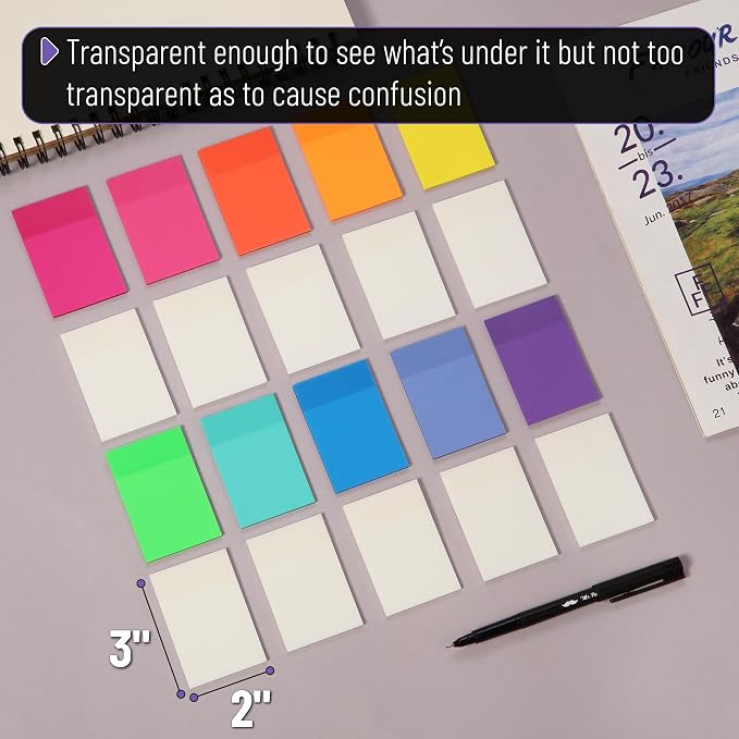 Mr. Pen- Transparent Sticky Notes, 3" x 2", 20 Pads, 1000 Sheets | Colorful & Clear, See Through Self-Adhesive Notes Bulk for Bible Journaling and Studying, Water-Resistant, Clean Removal