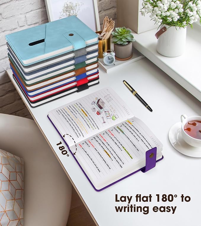 Lined Journal Notebook with Pen, A5 Personalized Hardcover Leather Journal for Men Women, 200 Pages 100 GSM Thick Paper College Ruled Notebooks for Work Travel School Writing Diary 5.9" X 8.4" Purple