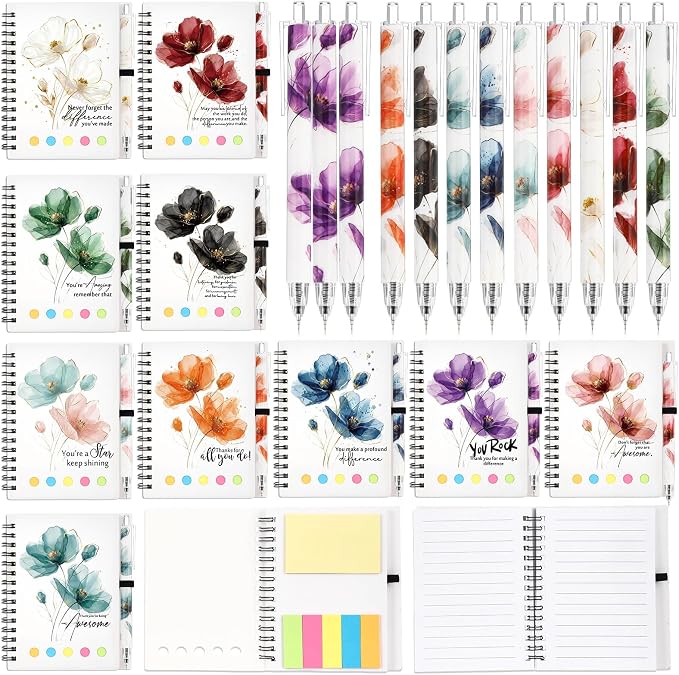 Honoson 30 Set Back to School Teacher Appreciation Gifts Bulk Inspirational Notebook with Sticky Note and Bamboo Pen Set Coworker Thank You Gifts for Employee Team Staff Office Group (Floral)