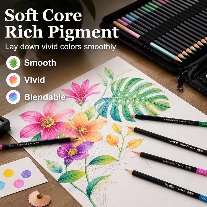 KALOUR 72 Colored Pencils Set, Blending Pencil Sketchbook DIY Color Chart | Smooth blendable, Break-resistant Soft Core, Portable lightweight storage case, For sketching shading illustration