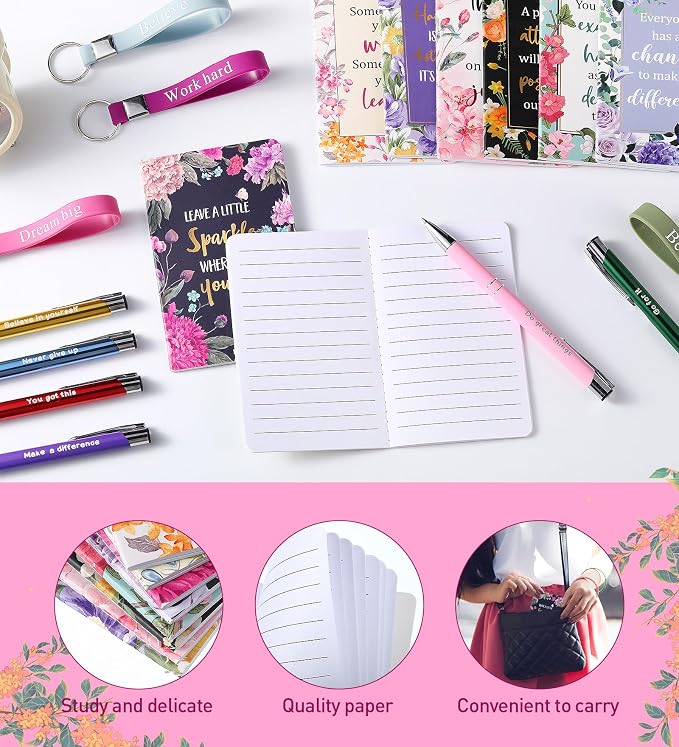 PerKoop 48 Pcs Inspirational Gifts Bulk Motivational Notepads Ballpoint Pens Keychains Set Floral Flower Journal Notebooks Christian Gifts for Teachers Office Party Favor Supplies