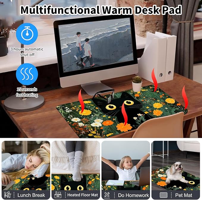 Heated Desk Pad Mouse Pad,Heated Desk Mat,with 3 Heating Levels & 3 Hours Auto Shut-Off,Leather 23.6"*14.2" Gaming Mouse Laptop Mat,Foot Warmer,Cute Cat Floral