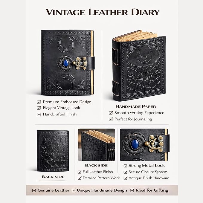 cuero 3 Moon Blue Lapis Embossed Vintage Leather Journal for Men & Women - 176 Pages, Antique Handmade Deckle Edge Vintage Paper, Leather Journal Writing Notebook Dairy Gift(10 inch by 13 inch, Black) [Unknown Binding]