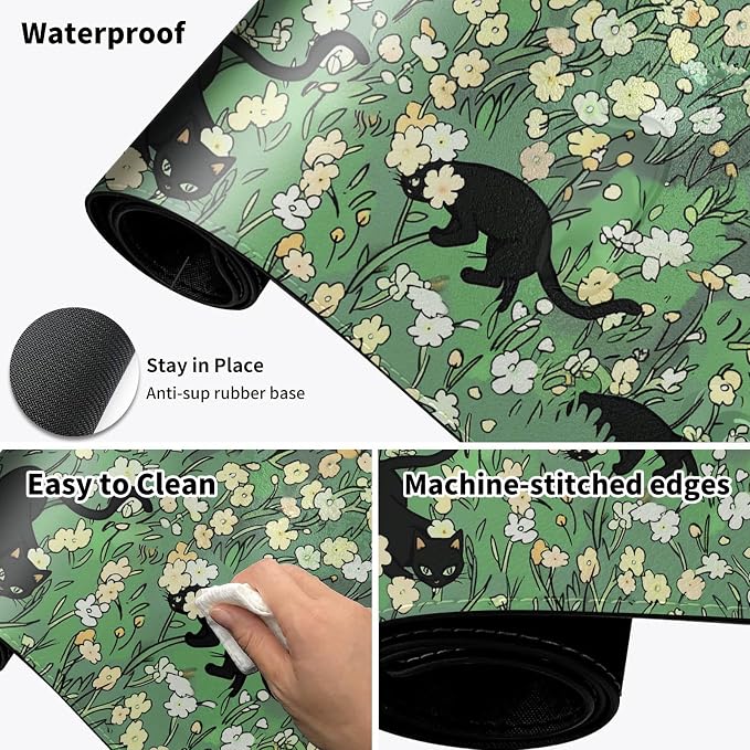 Warm Desk Pad,Heated Desk Pad,Office Mat,3 Heating Levels & 3 Hours Auto Shut-Off,31.5"*13" Gaming Mouse Laptop Keyboard Leather Desk Mat,Cat Floral Green