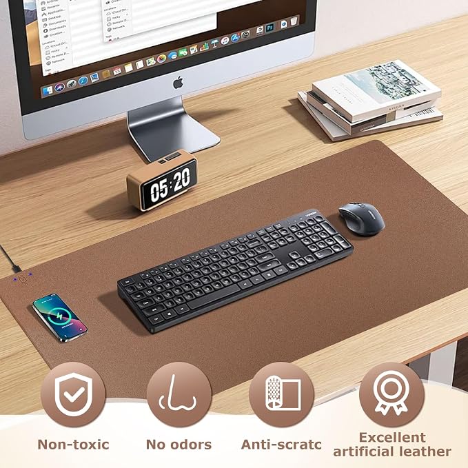 Wireless Charging Mouse Pad Firelison 2 in 1 Leather Multifunctional Office Desk Pad with Non-Slip Rubber Base, Waterproof Desk pad for Computers/Office/Work/Home/Decor（ 32" x 16"Buff - L