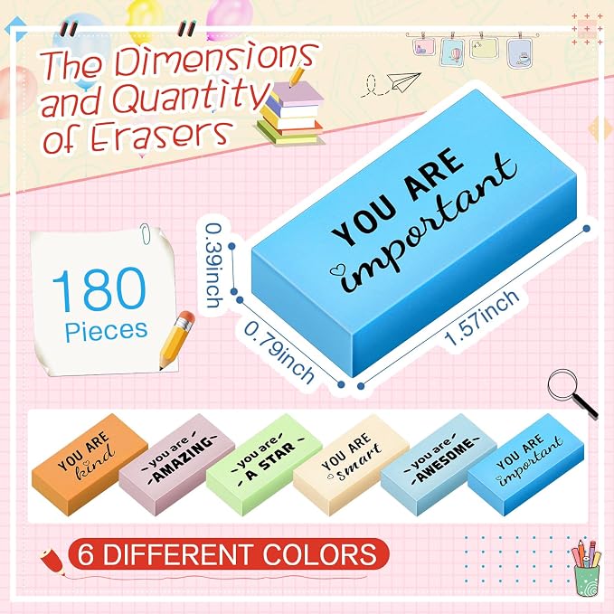 Resurhang 180 Pcs Erasers Bulk for Kids Inspirational Pencil Erasers Bulk for Drawing Motivational Big Eraser School Supplies for Classrooms Back to School Office (Motivational,Boho)