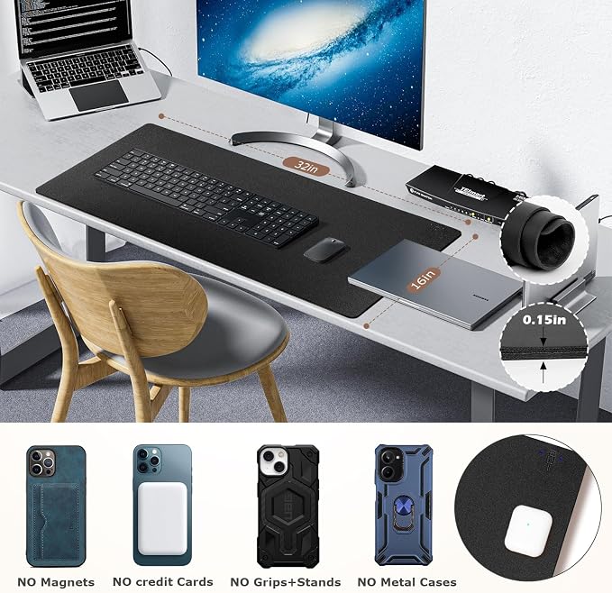 Wireless Charging Mouse Pad Firelison 2 in 1 Leather Multifunctional Office Desk Pad with Non-Slip Rubber Base, Waterproof Desk pad for Computers/Office/Work/Home/Decor（ 32" x 16"Black - R）