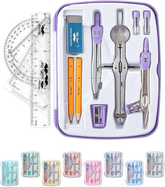 Mr. Pen- Geometry Set, 13 pcs, 3 Metal Compasses, Protractor, 6" Ruler | 45° & 30°/60° Set Squares, Pencils, Lead Refills, Sharpener & Eraser for Math, Drafting & Classroom Use | 45° & 30°/60° Set Squares, Pencils, Lead Refills, Sharpener & Eraser for ...